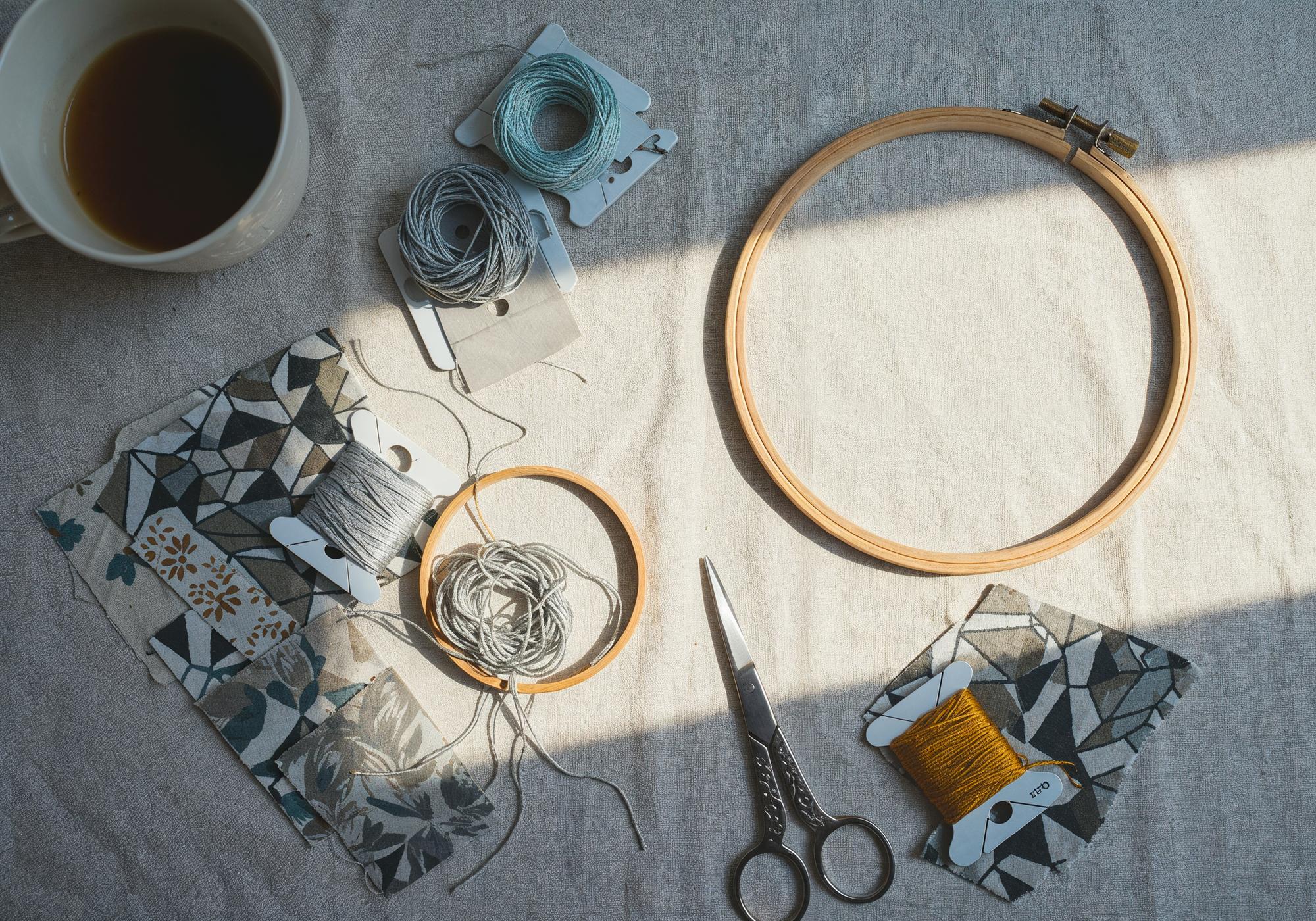Studio work table with threads, hoops and pattern sketches